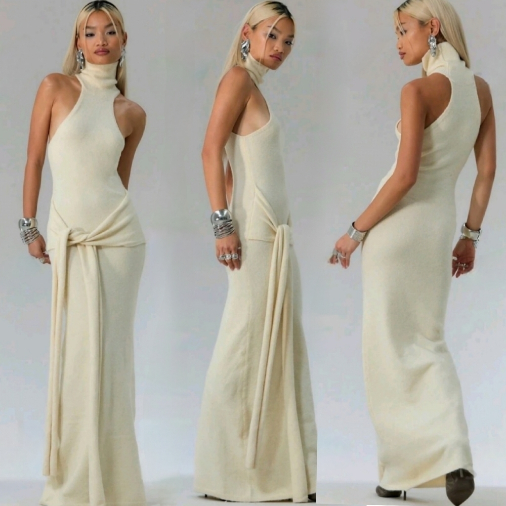 NWT Fall Knit High Neck Tie Waist Maxi Dress Sz Small